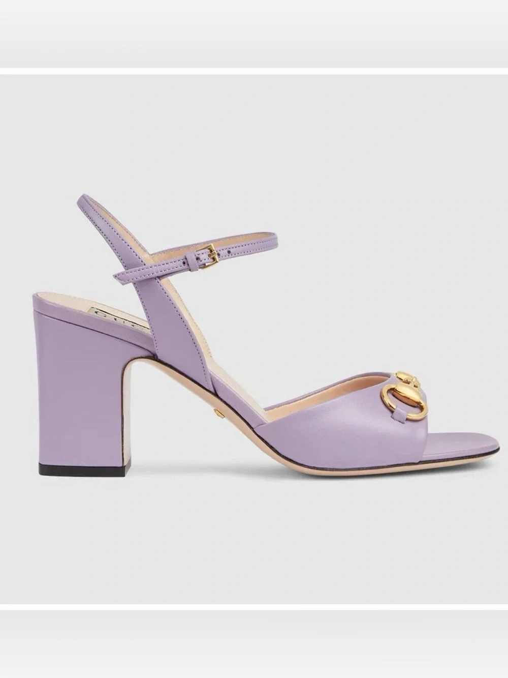 Gucci horsebit Lilac Leather Block Heel Sandals with Gold Hardware. Full inclus!